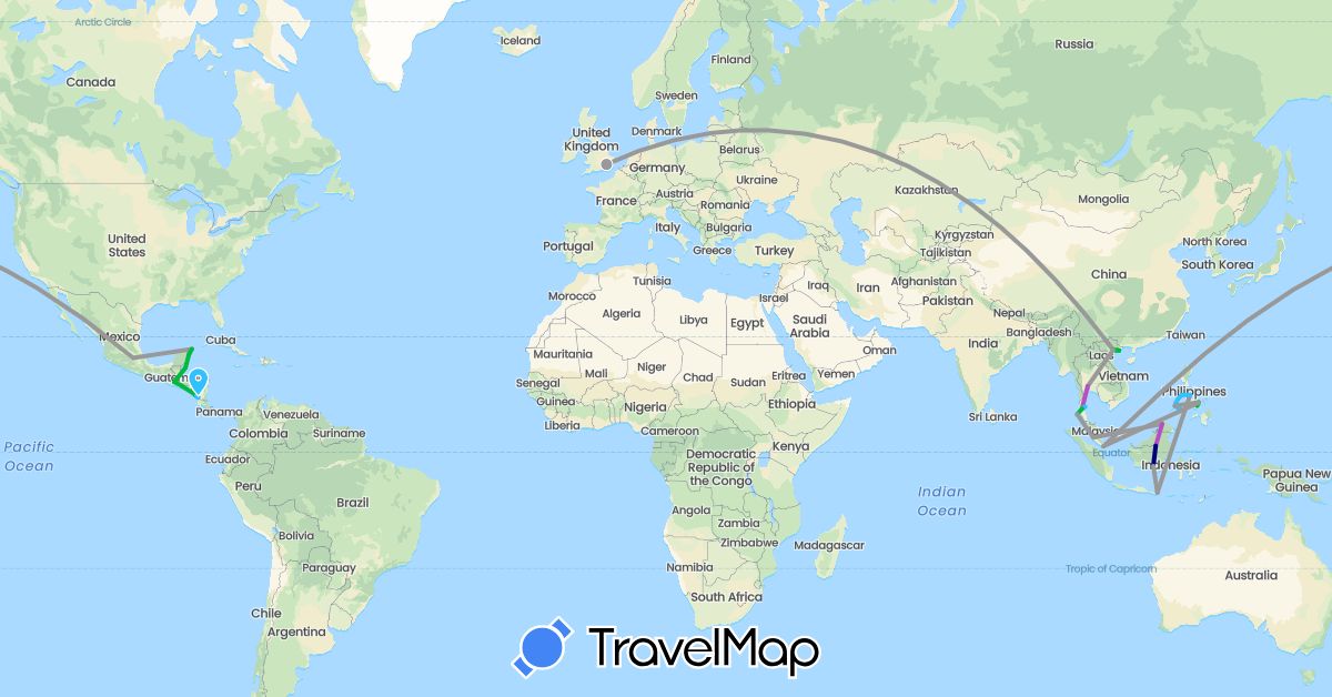 TravelMap itinerary: driving, bus, plane, train, boat in Belize, United Kingdom, Guatemala, Indonesia, Mexico, Malaysia, Nicaragua, Philippines, Singapore, El Salvador, Thailand, Vietnam (Asia, Europe, North America)