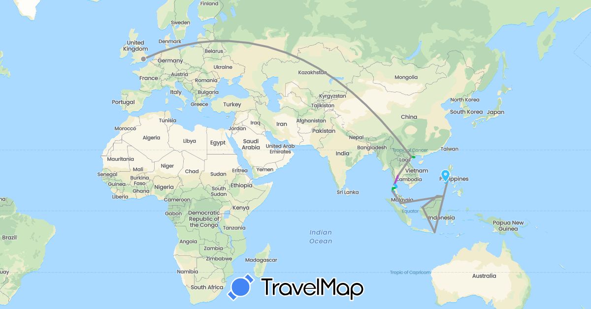 TravelMap itinerary: driving, bus, plane, train, boat in United Kingdom, Indonesia, Malaysia, Philippines, Thailand, Vietnam (Asia, Europe)